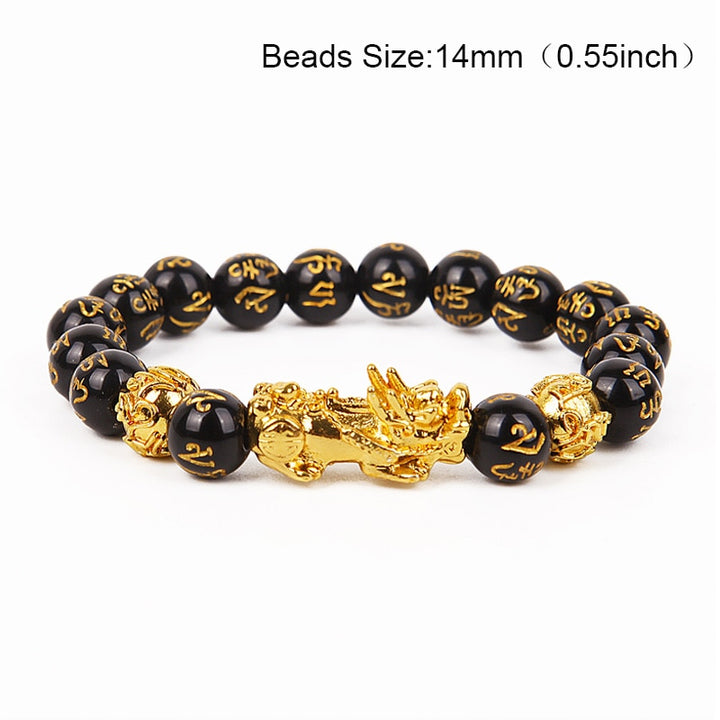 Braccialetto di perline di pietra di ossidiana Pixiu Portare ricchezza Buona fortuna Feng Shui Bracciale bestia cinese Bracciale in oro Pixiu Uomo Donna - Gufetto Brand 