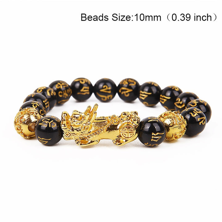 Braccialetto di perline di pietra di ossidiana Pixiu Portare ricchezza Buona fortuna Feng Shui Bracciale bestia cinese Bracciale in oro Pixiu Uomo Donna - Gufetto Brand 