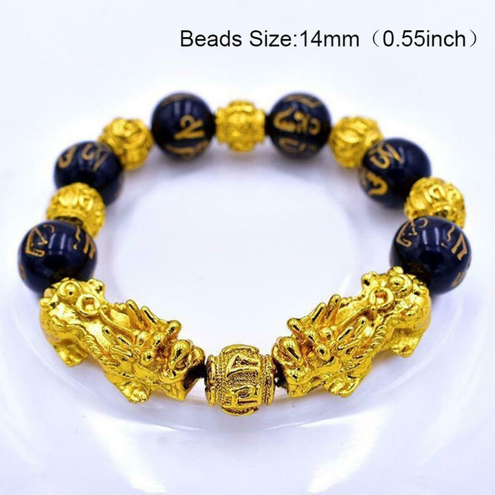 Braccialetto di perline di pietra di ossidiana Pixiu Portare ricchezza Buona fortuna Feng Shui Bracciale bestia cinese Bracciale in oro Pixiu Uomo Donna - Gufetto Brand 