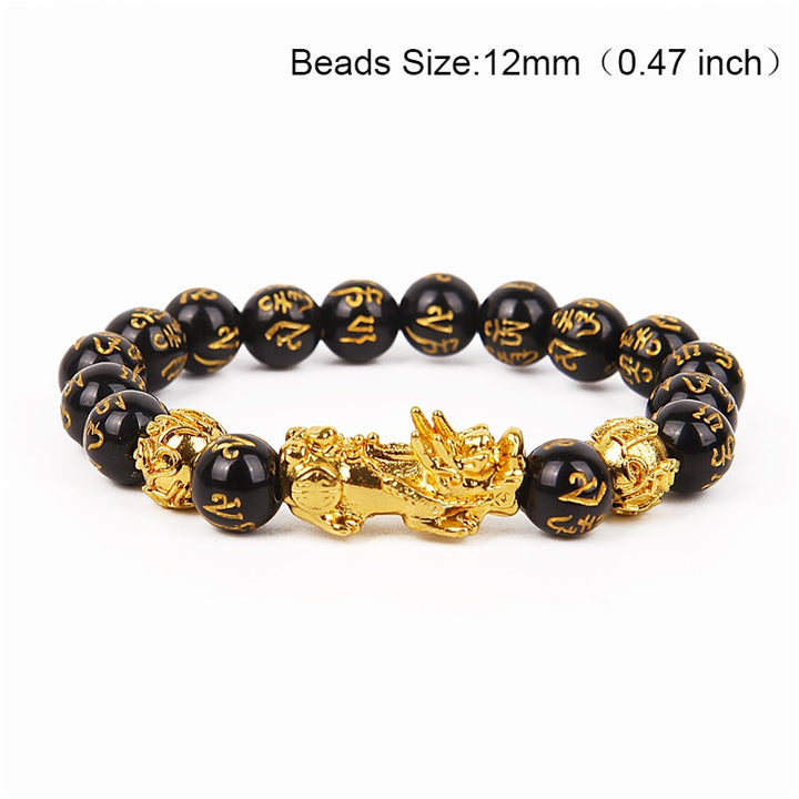 Braccialetto di perline di pietra di ossidiana Pixiu Portare ricchezza Buona fortuna Feng Shui Bracciale bestia cinese Bracciale in oro Pixiu Uomo Donna - Gufetto Brand 