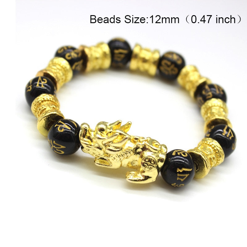 Braccialetto di perline di pietra di ossidiana Pixiu Portare ricchezza Buona fortuna Feng Shui Bracciale bestia cinese Bracciale in oro Pixiu Uomo Donna - Gufetto Brand 