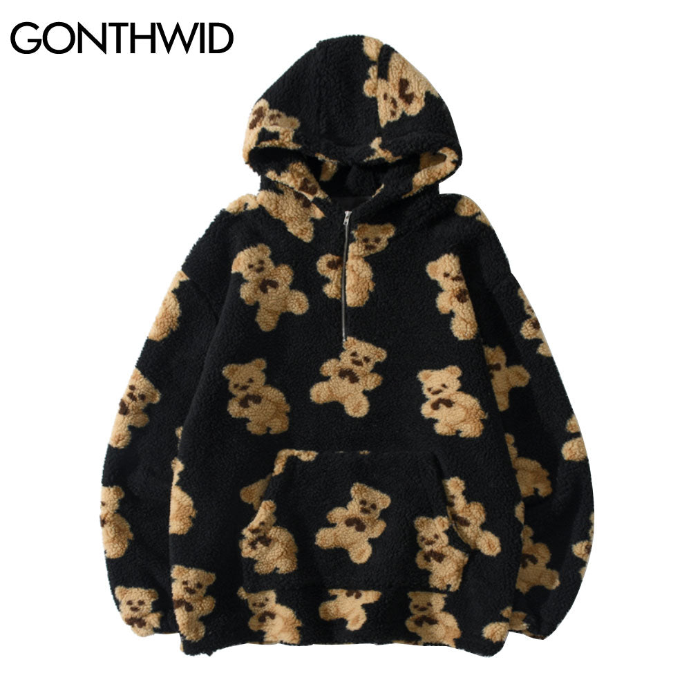 Fleece Fuzzy Hooded Sweatshirt Streetwear Hip Hop Bear Print Half Zipper Fluffy Pullover Hoodies Harajuku Casual Hoodie Tops - Gufetto Brand 