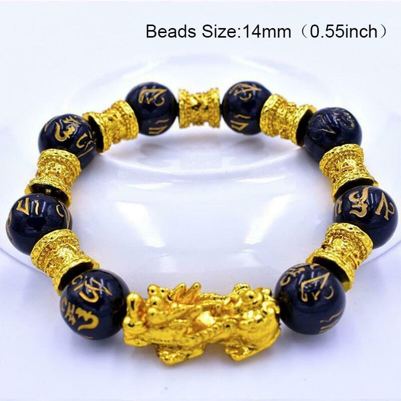 Braccialetto di perline di pietra di ossidiana Pixiu Portare ricchezza Buona fortuna Feng Shui Bracciale bestia cinese Bracciale in oro Pixiu Uomo Donna - Gufetto Brand 