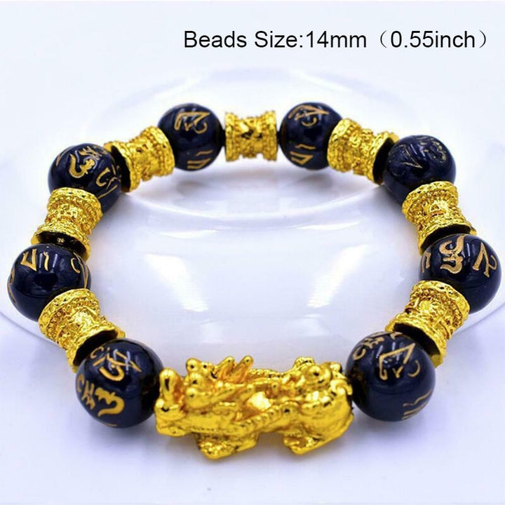 Braccialetto di perline di pietra di ossidiana Pixiu Portare ricchezza Buona fortuna Feng Shui Bracciale bestia cinese Bracciale in oro Pixiu Uomo Donna - Gufetto Brand 