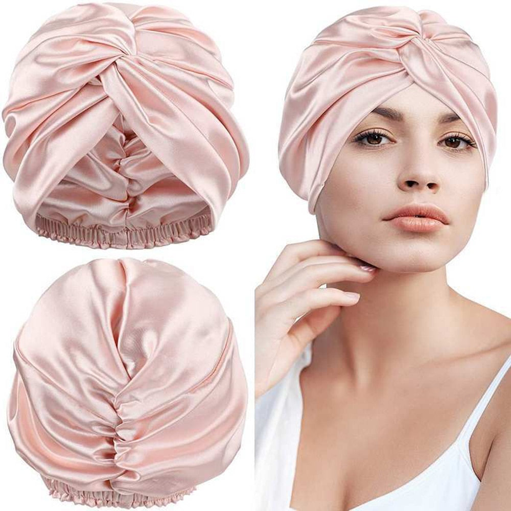 100% Double Silk Sleeping Cap Night Silk Sleeping Bonnet Cover for Women with Elastic Ribbon for Hair Care Long Hair - Gufetto Brand 