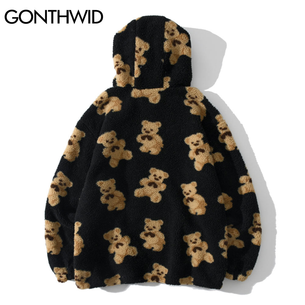 Fleece Fuzzy Hooded Sweatshirt Streetwear Hip Hop Bear Print Half Zipper Fluffy Pullover Hoodies Harajuku Casual Hoodie Tops - Gufetto Brand 