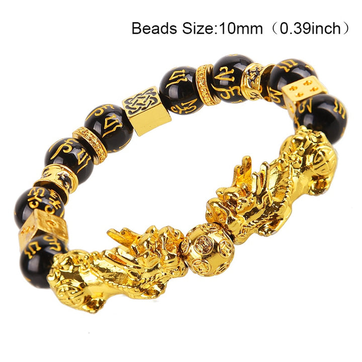 Braccialetto di perline di pietra di ossidiana Pixiu Portare ricchezza Buona fortuna Feng Shui Bracciale bestia cinese Bracciale in oro Pixiu Uomo Donna - Gufetto Brand 