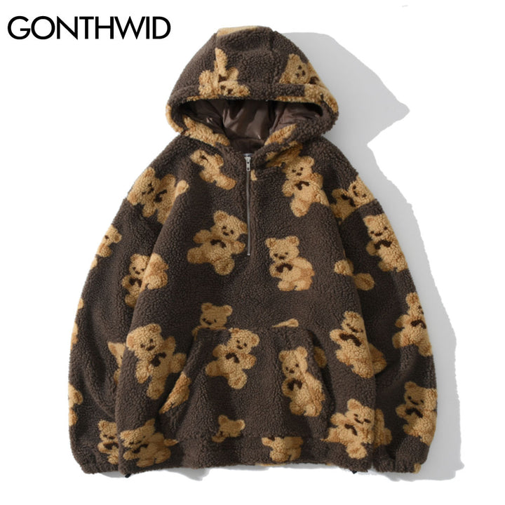 Fleece Fuzzy Hooded Sweatshirt Streetwear Hip Hop Bear Print Half Zipper Fluffy Pullover Hoodies Harajuku Casual Hoodie Tops - Gufetto Brand 