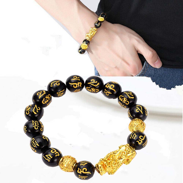 Braccialetto di perline di pietra di ossidiana Pixiu Portare ricchezza Buona fortuna Feng Shui Bracciale bestia cinese Bracciale in oro Pixiu Uomo Donna - Gufetto Brand 