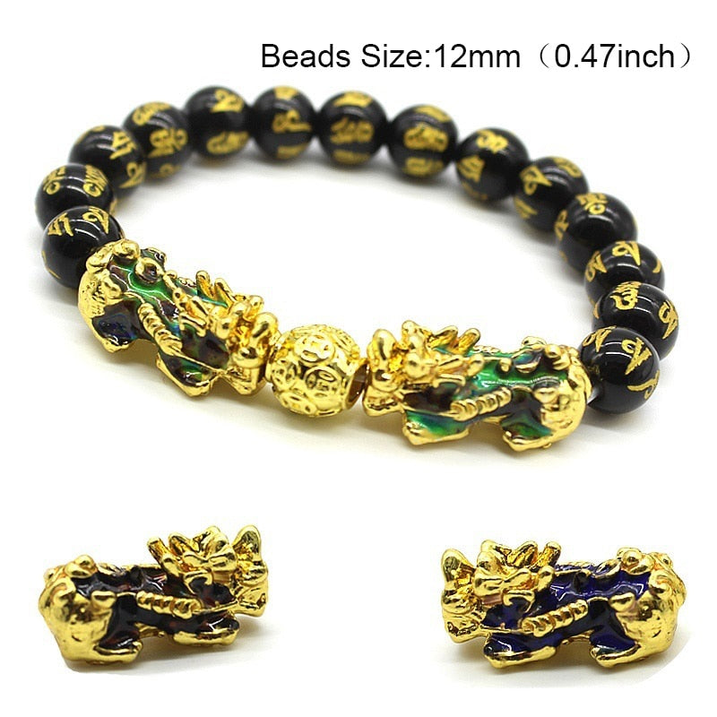 Braccialetto di perline di pietra di ossidiana Pixiu Portare ricchezza Buona fortuna Feng Shui Bracciale bestia cinese Bracciale in oro Pixiu Uomo Donna - Gufetto Brand 