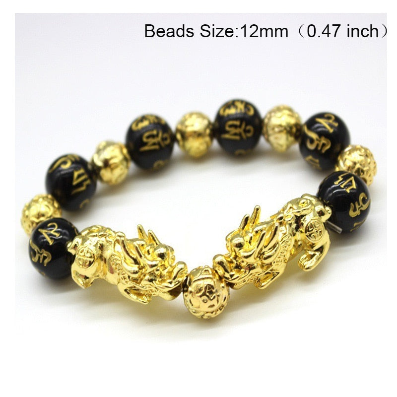 Braccialetto di perline di pietra di ossidiana Pixiu Portare ricchezza Buona fortuna Feng Shui Bracciale bestia cinese Bracciale in oro Pixiu Uomo Donna - Gufetto Brand 